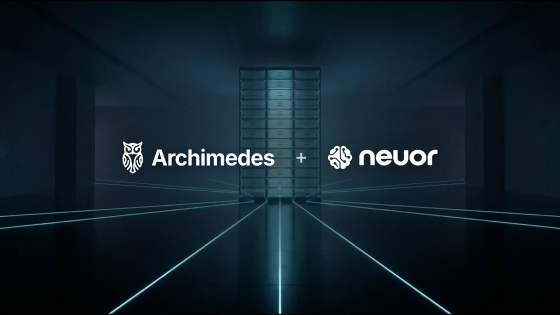 Archimedes and Neuor logos in white over a glowing data vault in a dark hall